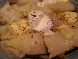 Potato with sour cream and Kerry Gold Butter. Seasoned with salt and pepper. 